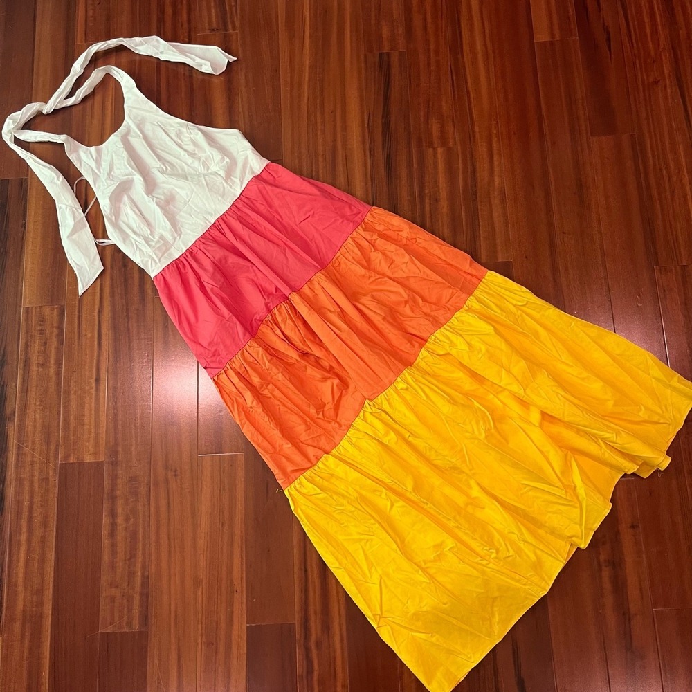 DO+BE Cotton Maxi Dress Colorblock Tier White Pink Orange Yellow Halter New M